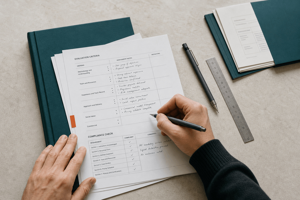 A procurement professional annotating evaluation criteria and a compliance checklist