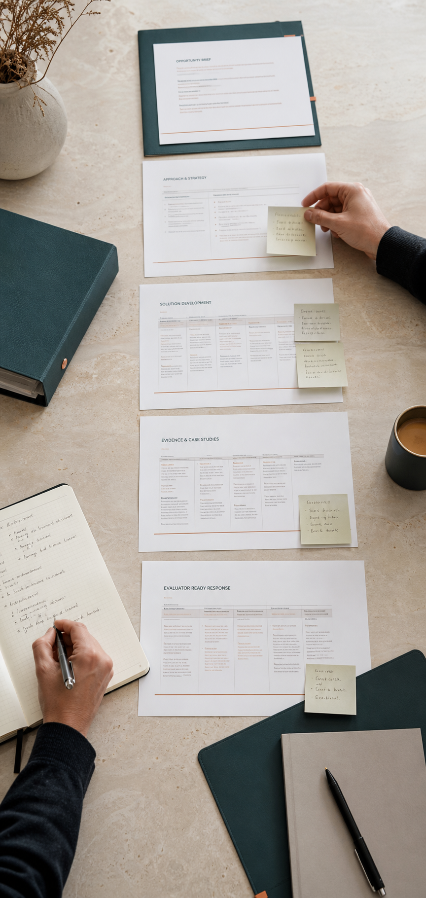 Printed tender workflow documents arranged in sequence with notes, folders and hands reviewing the material.